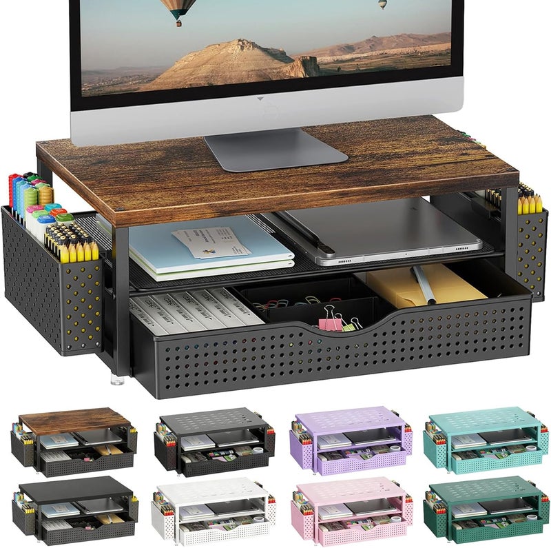 gianotter Wood Monitor Stand Riser, Office Desk Shelf Organizer, Desk Organizer with Drawer and Pen Holder, 2-Tier Computer Stand, Office Organization (Wood) - Image 1
